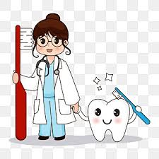 Cartoon female dentist holding a toothbrush beside a smiling tooth character.